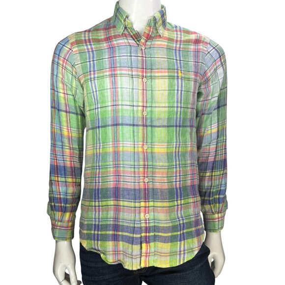 Ralph Lauren Mens Classic Fit Ocean Wash Linen Shirt Green Plaid Size S - Picture 2 of 14